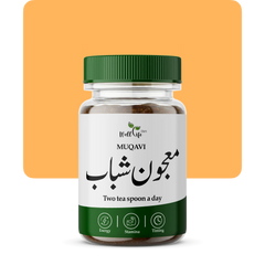 Bottle of MUQAVI supplement with green lid and white label on a white background