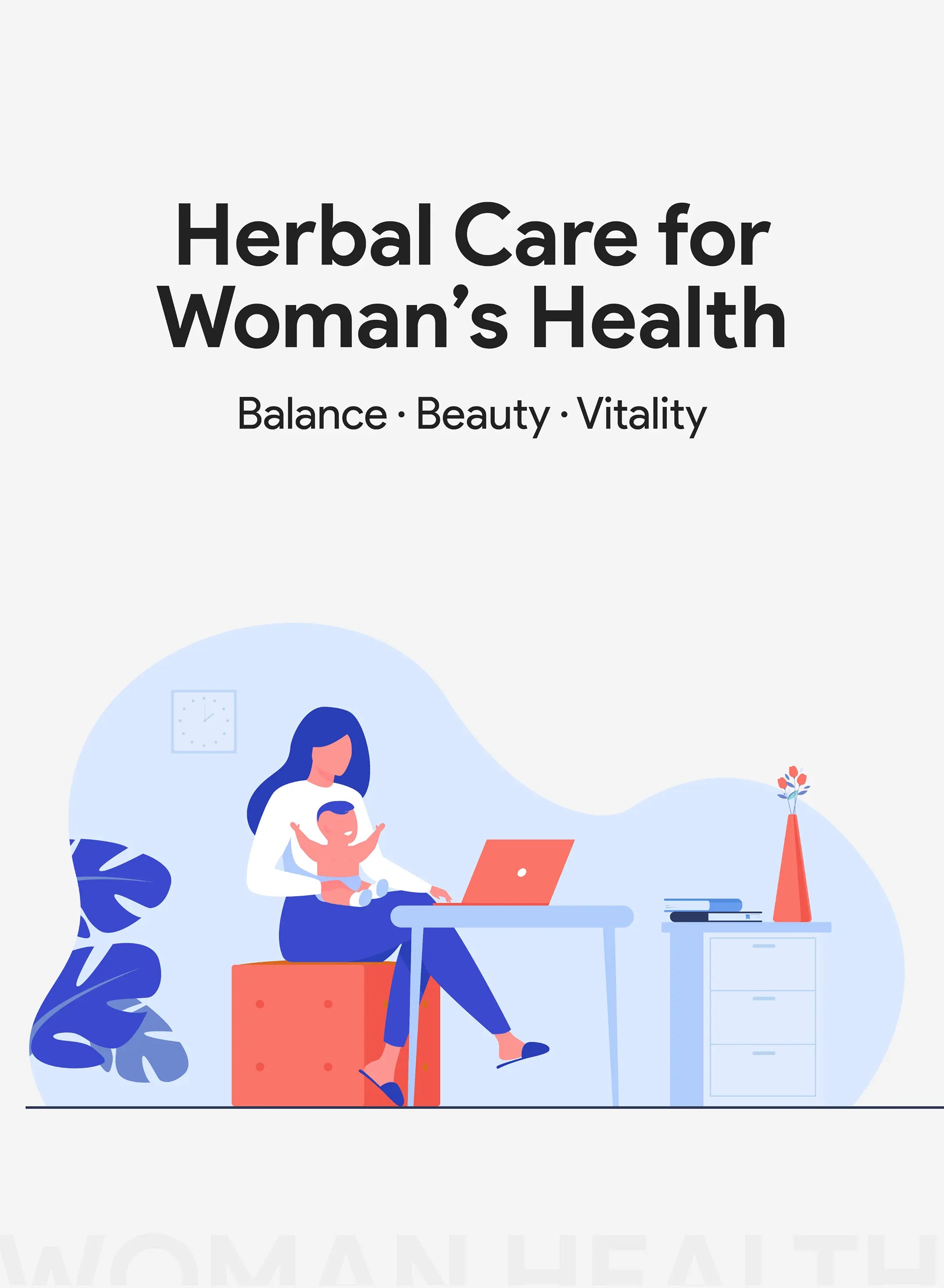 Book cover with a woman holding a baby and using a laptop, titled 'Herbal Care for Woman's Health' on a light gray background.