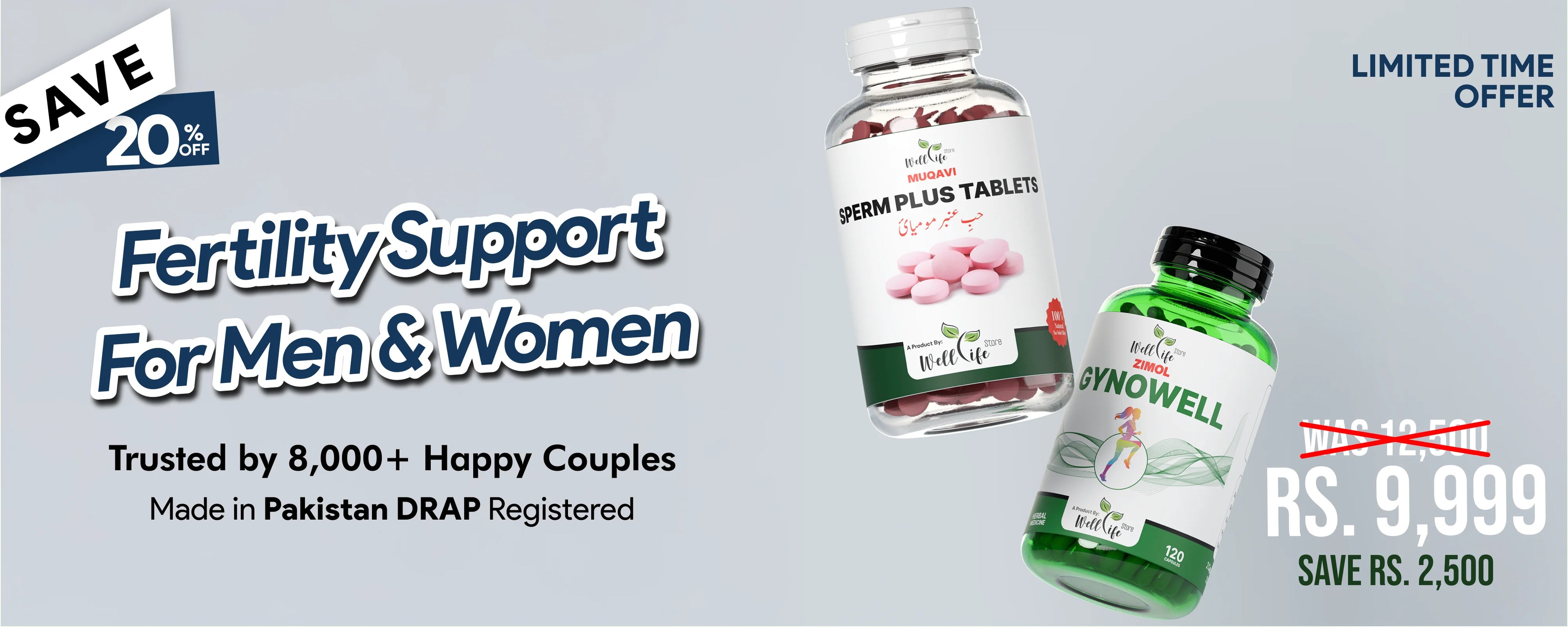 Two bottles of fertility support products with text on a light blue background