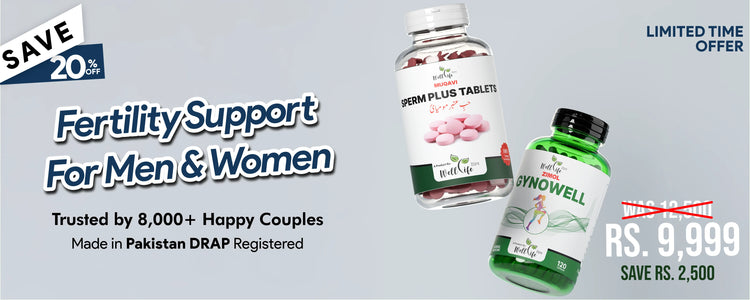 Two bottles of fertility support products with text on a light blue background